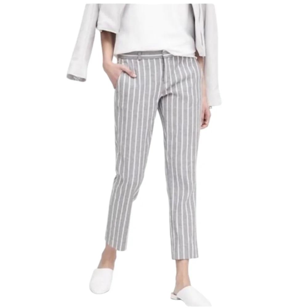 Banana Republic Avery Striped Gray/white Linen Blend Women's Pants 8